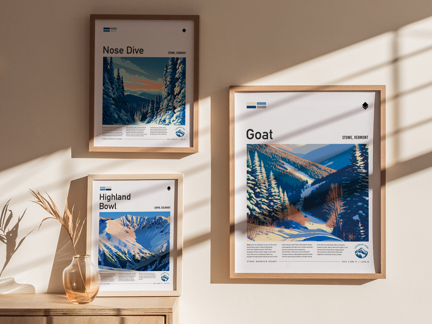 Goat, Stowe Poster | Mountain Goat Ski Trail Wall Art — styled in a modern interior