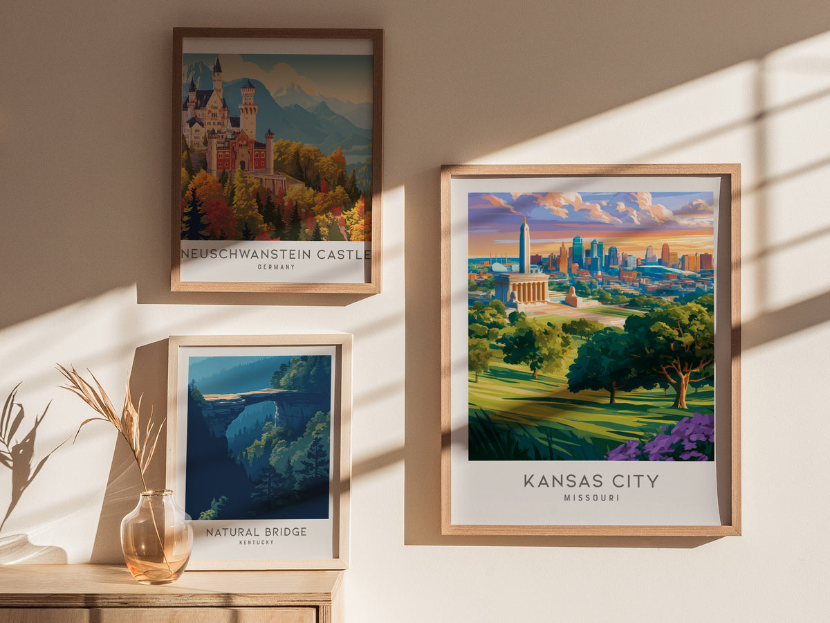 Kansas City Matte Border Poster | Missouri Travel Wall Art — styled in a modern interior
