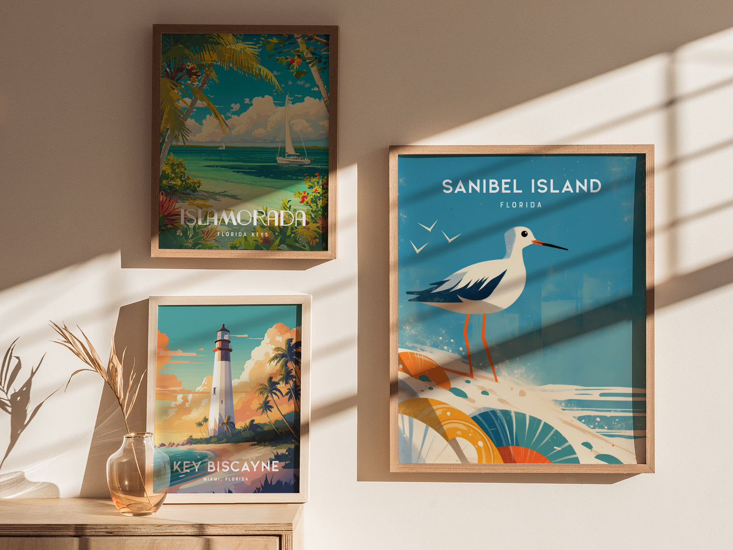 Three framed posters are displayed on a sunlit wall, featuring vibrant illustrations of Islamorada, Sanibel Island, and Key Biscayne, with a decorative vase of dried plants nearby.