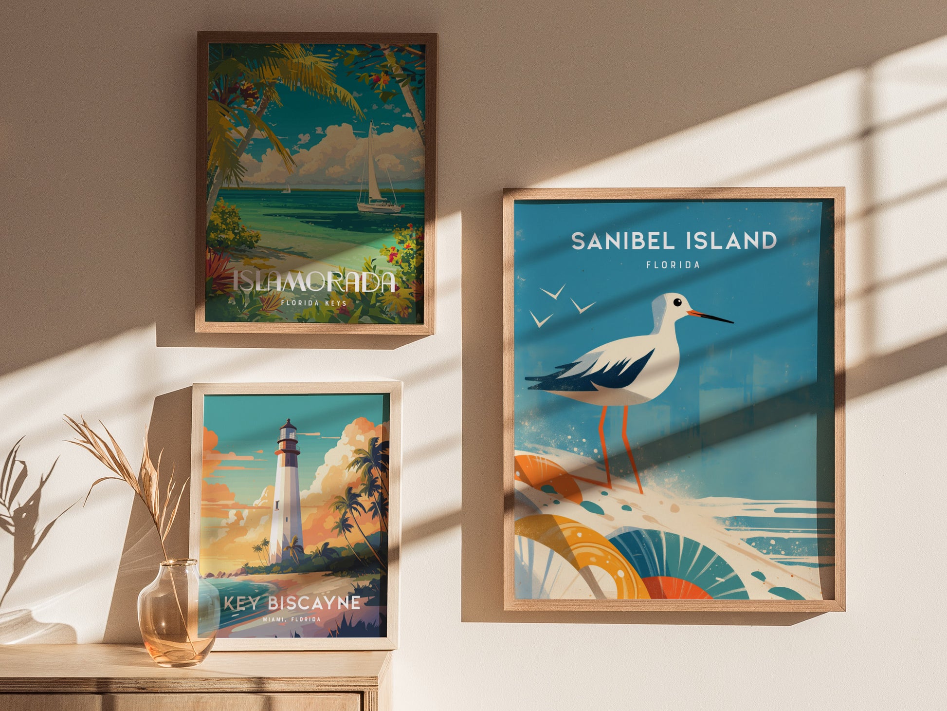 Three framed posters are displayed on a sunlit wall, featuring vibrant illustrations of Islamorada, Sanibel Island, and Key Biscayne, with a decorative vase of dried plants nearby.