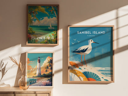 Three framed posters are displayed on a sunlit wall, featuring vibrant illustrations of Islamorada, Sanibel Island, and Key Biscayne, with a decorative vase of dried plants nearby.
