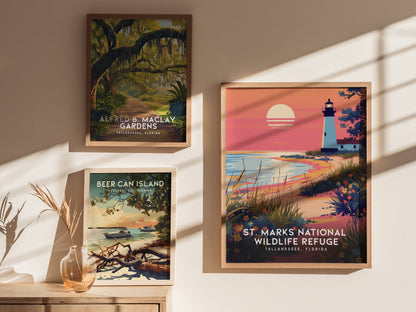 Framed posters on a wall display scenes of Alfred B. Maclay Gardens, Beer Can Island, and St. Marks National Wildlife Refuge, with shadows and a decorative vase in the foreground.