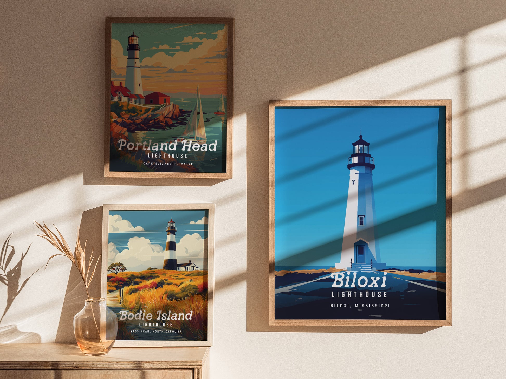 Three framed lighthouse posters are displayed on a sunlit wall, featuring Portland Head, Bodie Island, and Biloxi Lighthouses, each showcasing vibrant coastal scenes and distinct artistic styles.