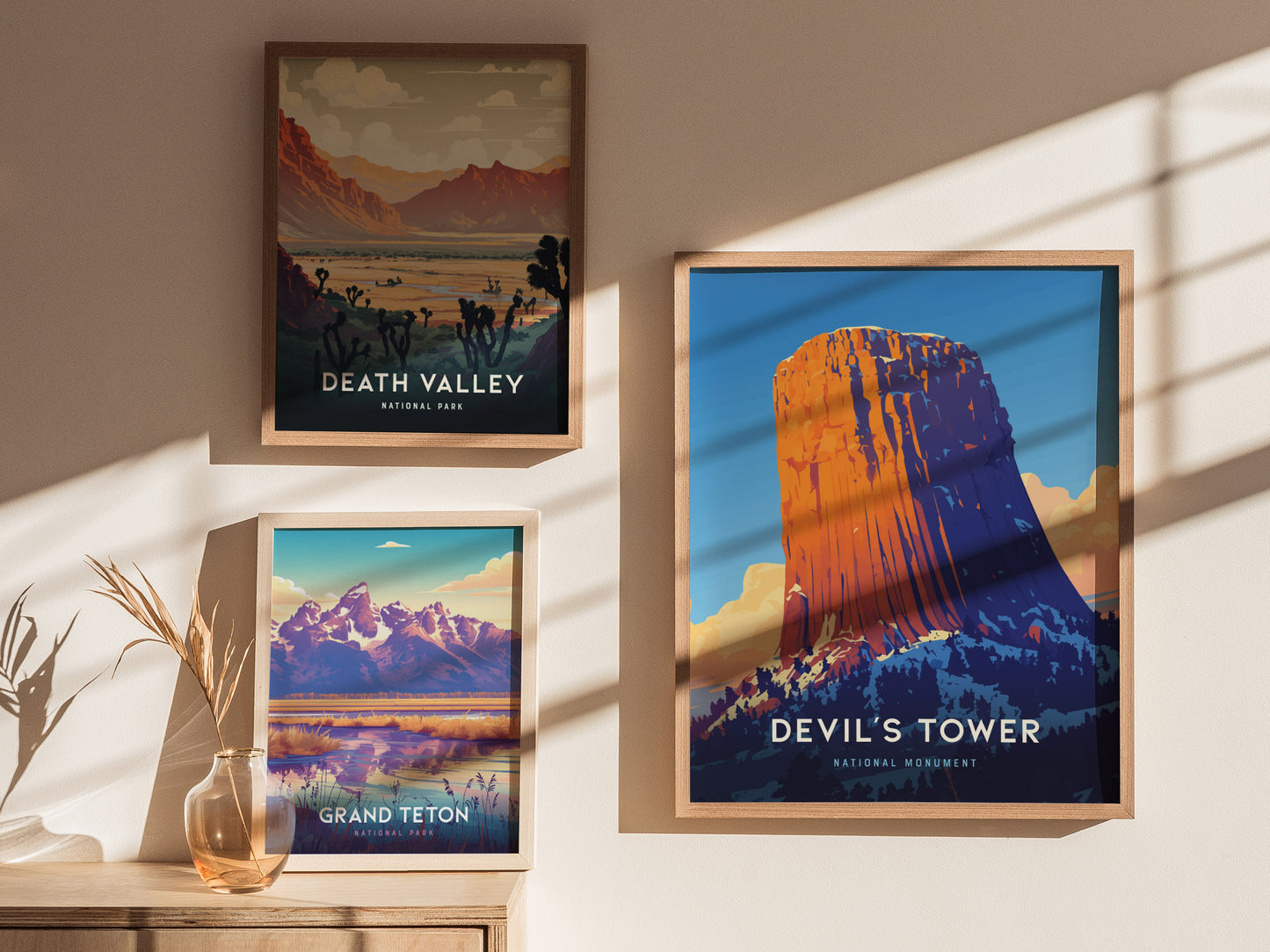 Three framed posters of national parks are displayed on a wall. They depict Death Valley, Grand Teton, and Devils Tower, with sunlight casting shadows across them.