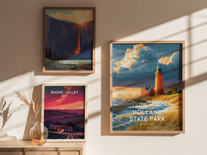 Holland State Park, Michigan Poster | Big Red Lighthouse Coastal Beach Decor Wall Art — styled in a modern interior