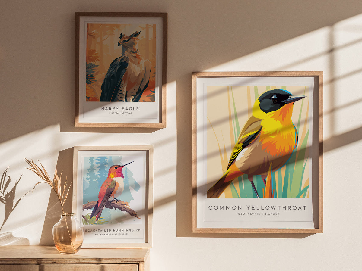 Common Yellowthroat, Geothlypis trichas Poster | Vibrant Warbler Nature Poster Wall Art — styled in a modern interior