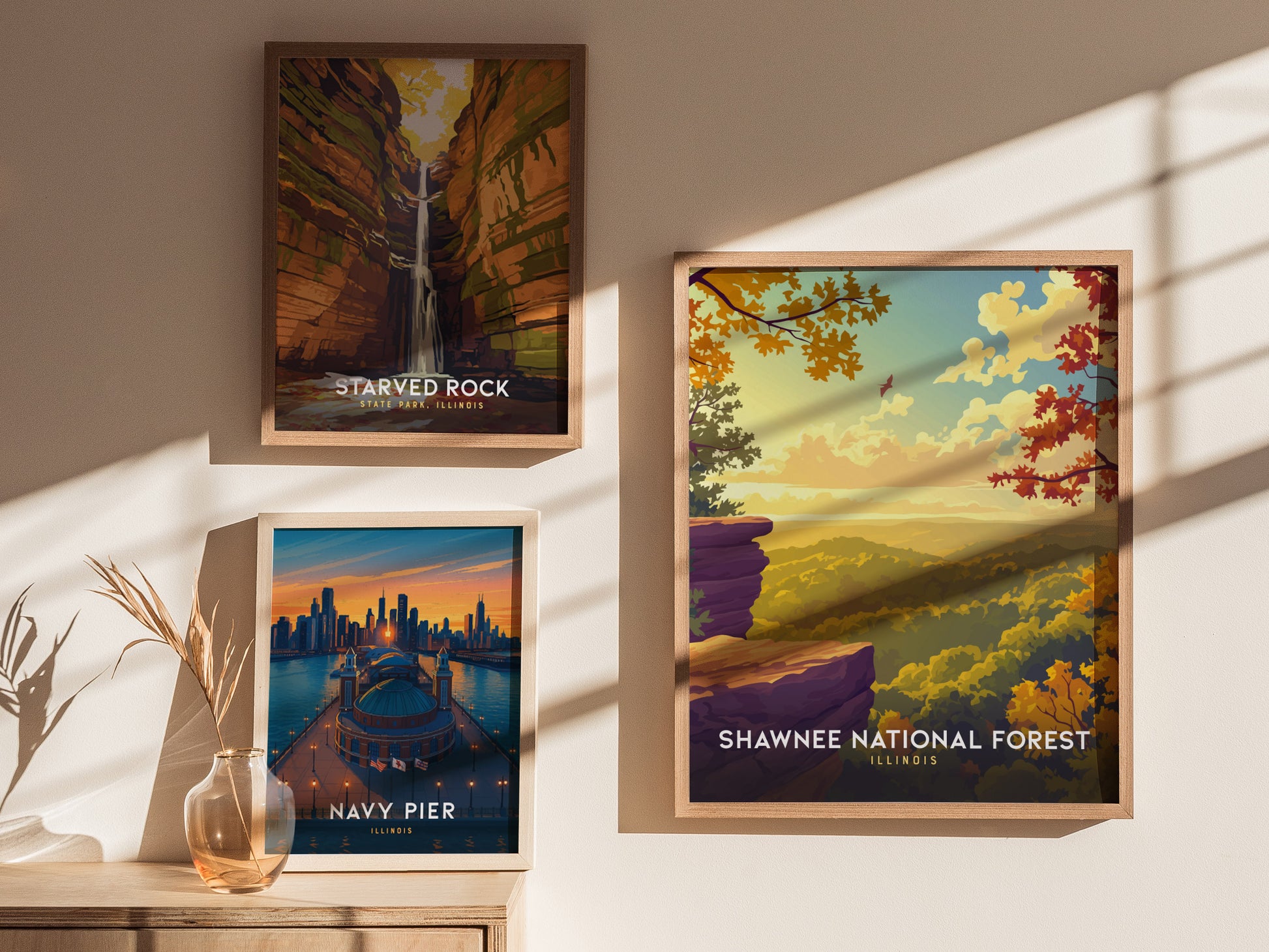 Vibrant Shawnee National Forest autumn landscape art print featuring cliffs, colorful trees, and a serene sky, ideal for travel art lovers.