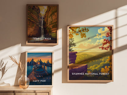 Vibrant Shawnee National Forest autumn landscape art print featuring cliffs, colorful trees, and a serene sky, ideal for travel art lovers.