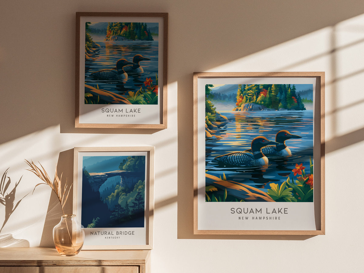 Squam Lake Matte Border Poster | New Hampshire Vacation Wall Art — styled in a modern interior