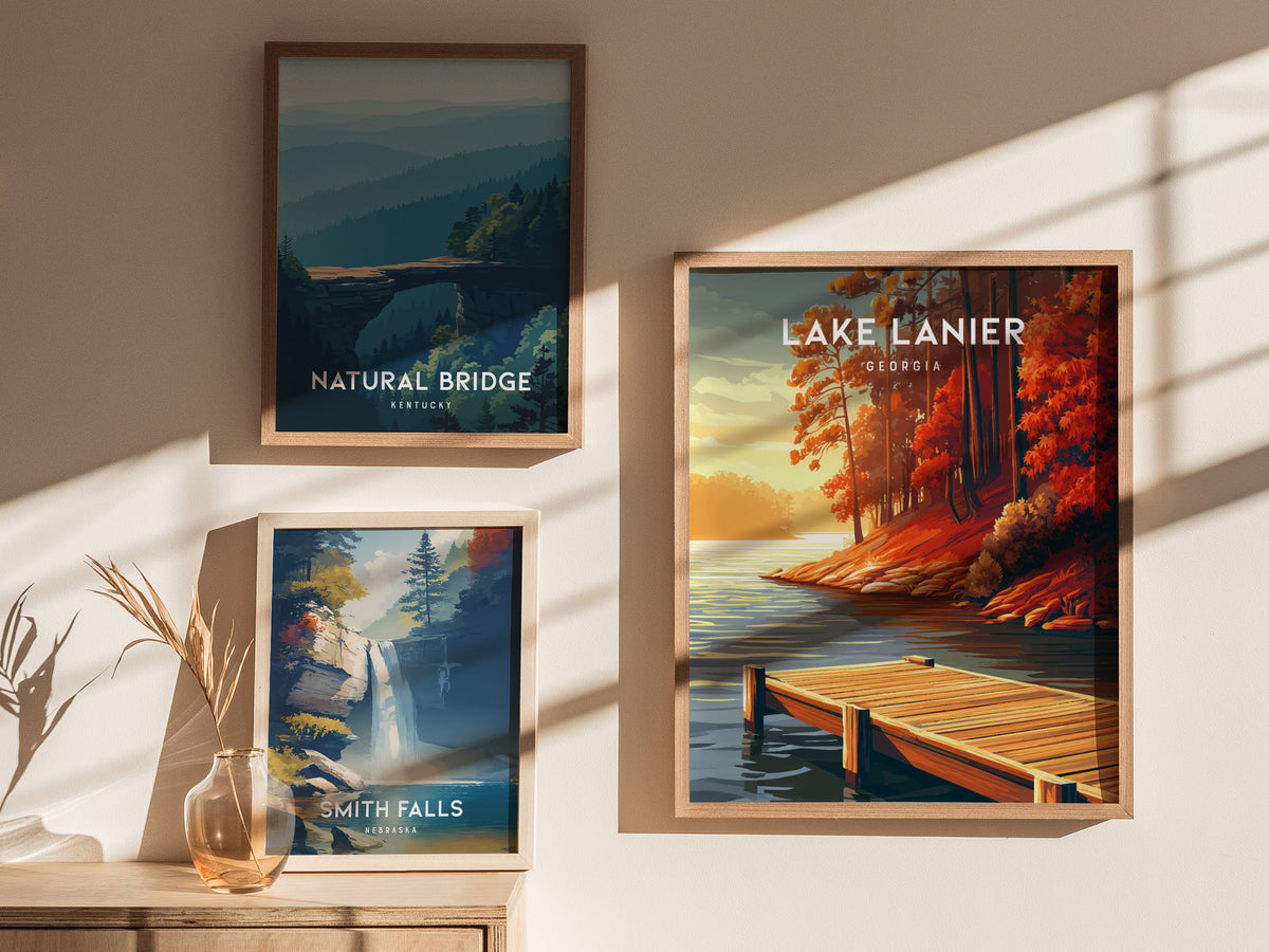Lake Lanier, Georgia Poster | Serene Lakeside Vacation Wall Art — styled in a modern interior