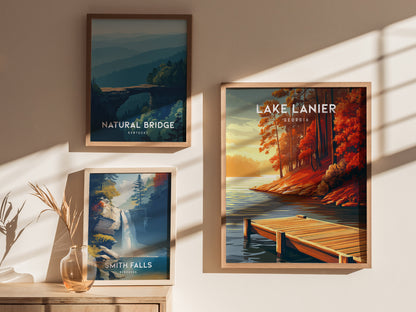 Lake Lanier, Georgia Poster | Serene Lakeside Vacation Wall Art — styled in a modern interior