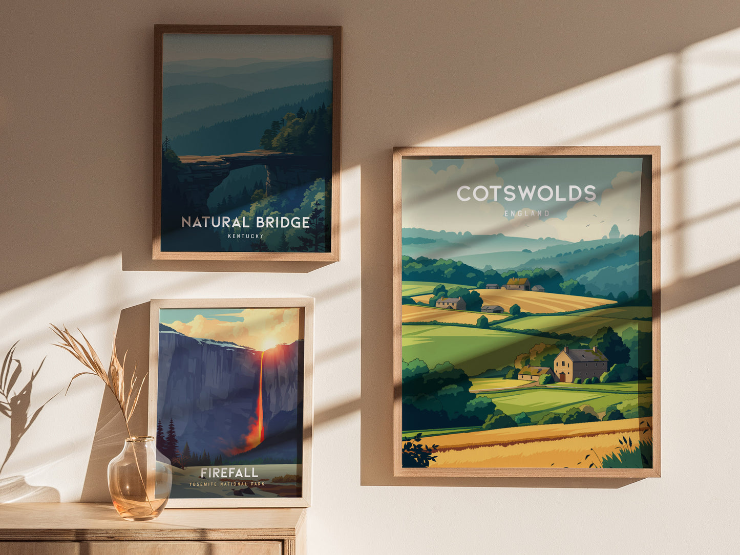 Cotswolds, England Poster | Rolling Hills & Stone Village Wall Art — styled in a modern interior