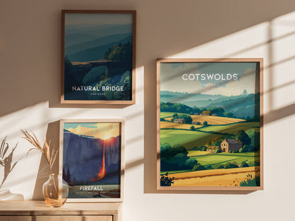 Cotswolds, England Poster | Rolling Hills & Stone Village Wall Art — styled in a modern interior