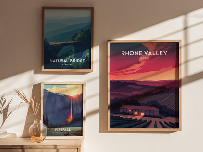 Rhône Valley, France Poster | Vineyard & River Countryside Wall Art — styled in a modern interior