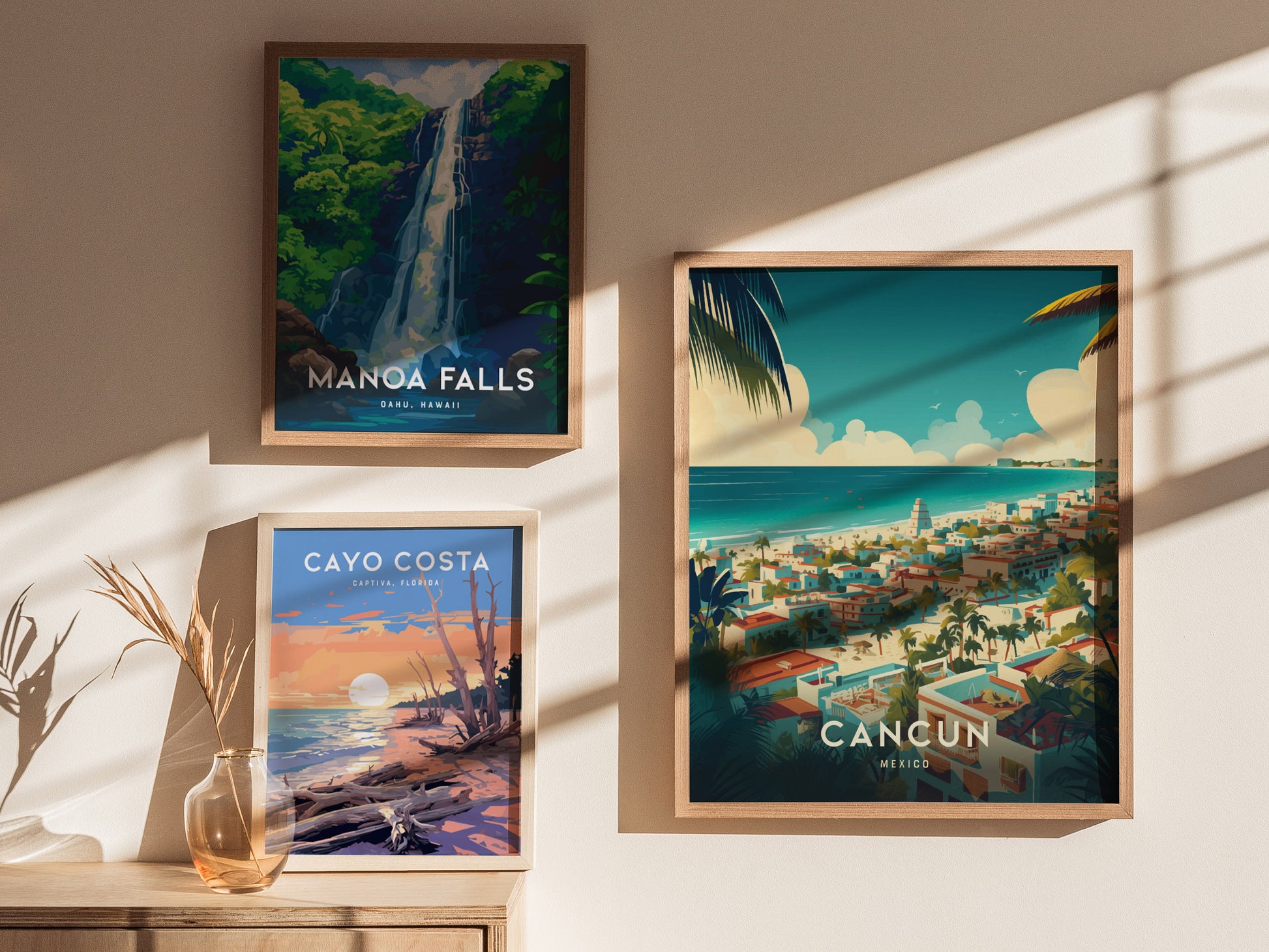 Three framed travel posters are displayed on a sunlit wall, featuring Manoa Falls, Cayo Costa, and Cancun, with shadows creating an artistic ambiance. A vase with dried plants sits nearby.