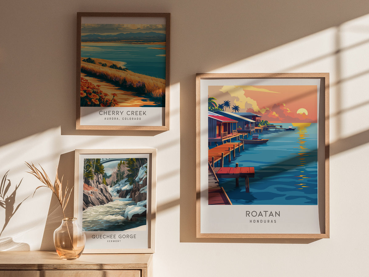 Roatan Matte Border Poster | Honduras Tropical Beach Print Travel Wall Art — styled in a modern interior