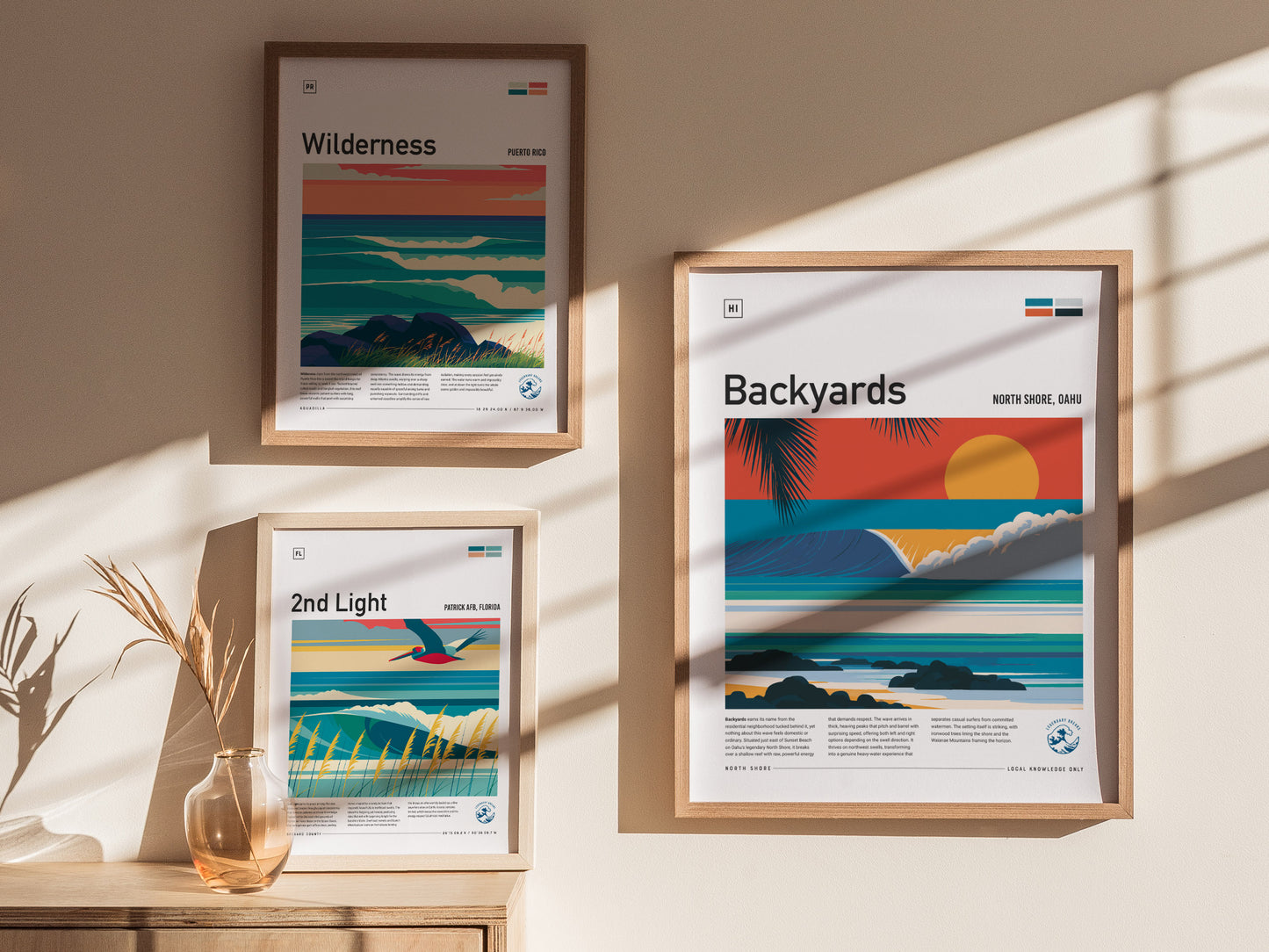 Backyards, Hawaii Poster | Tropical Surf Break Paradise Wall Art — styled in a modern interior