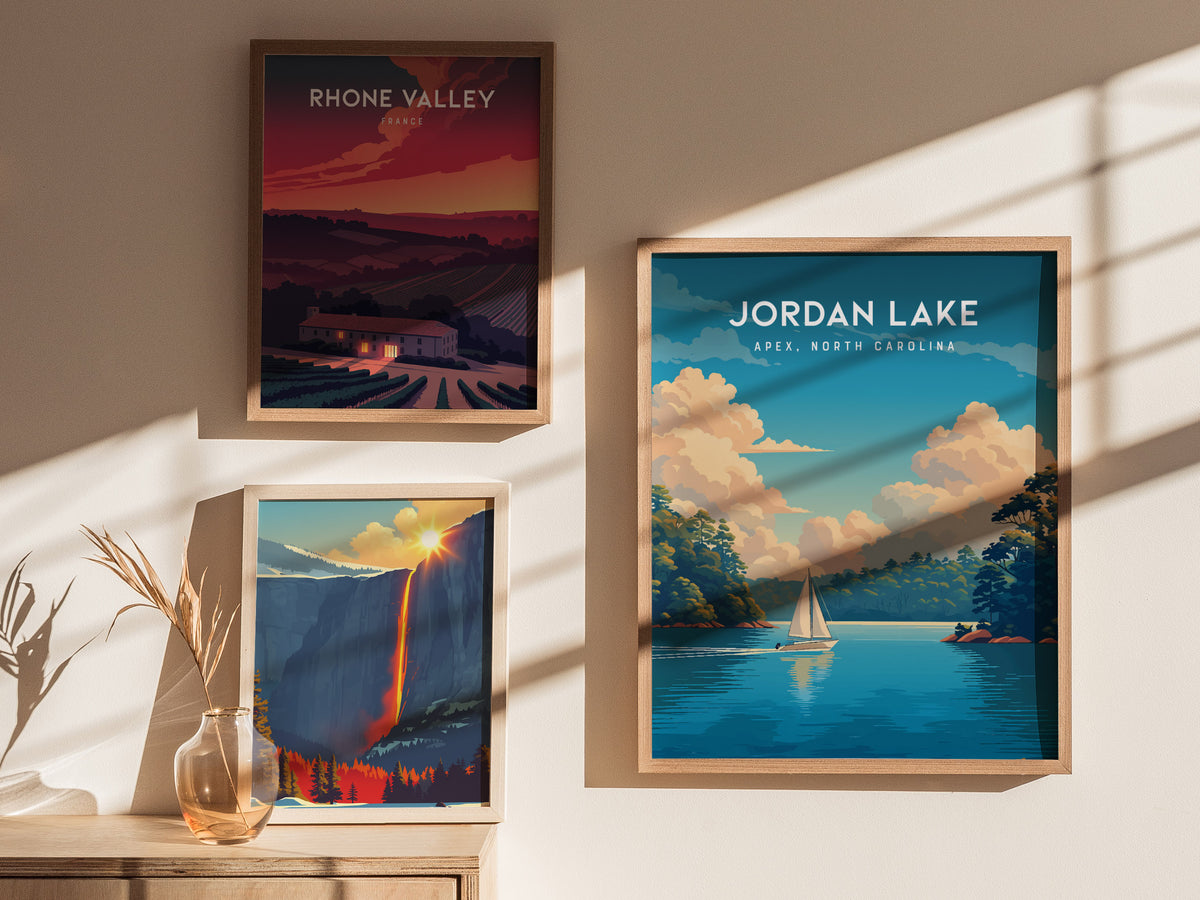 Jordan Lake, Apex, North Carolina Poster | Lakeside Serenity Travel Wall Art — styled in a modern interior