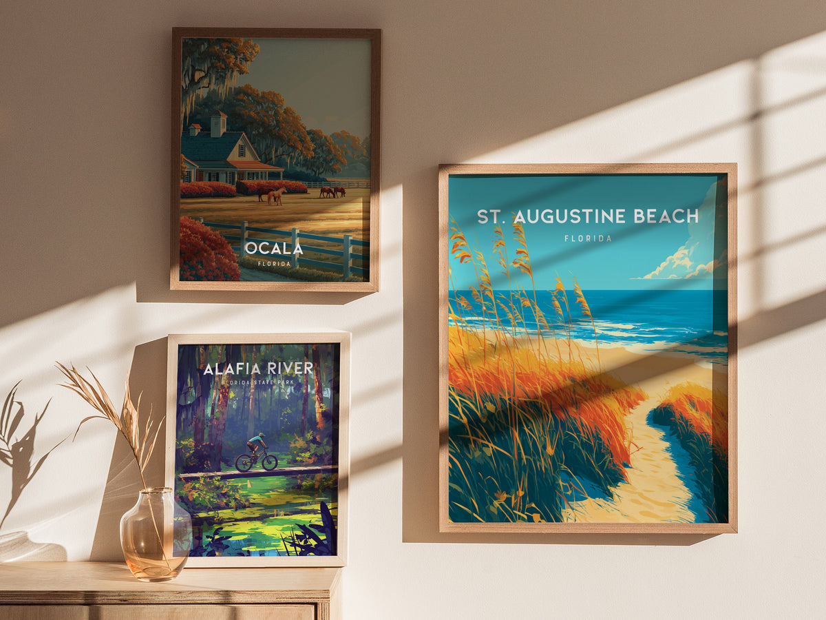 St. Augustine Beach, Florida Poster | Sun-Kissed Shores & Pier Wall Art — styled in a modern interior