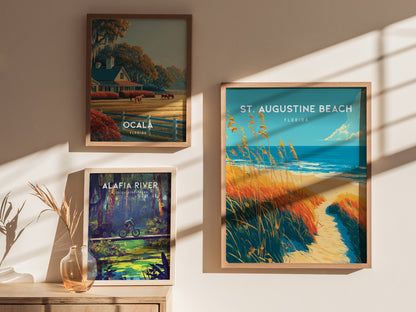 St. Augustine Beach, Florida Poster | Sun-Kissed Shores & Pier Wall Art — styled in a modern interior