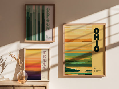 Three framed posters are displayed on a sunlit wall, featuring minimalist designs for Oregon, Texas, and Ohio. A small vase with dried plants sits on a wooden surface.