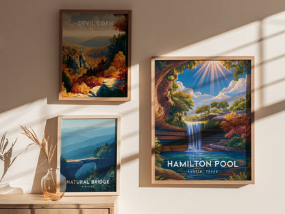 Hamilton Pool, Austin, Texas Poster | Natural Grotto & Waterfall Travel Wall Art — styled in a modern interior