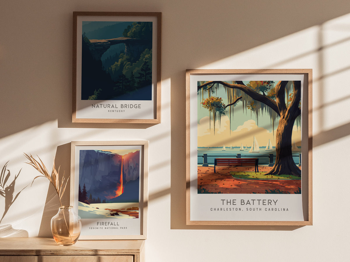 The Battery Matte Border Poster | Charleston, South Carolina Coastal Beach Decor — styled in a modern interior