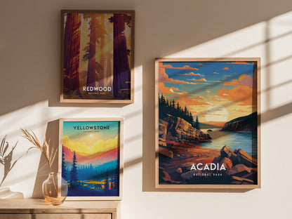 Three framed posters depicting national parks are displayed on a sunlit wall. The posters feature Acadia, Redwood, and Yellowstone, each with vibrant, colorful landscapes and bold lettering.