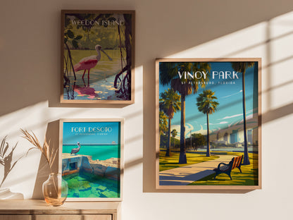 Framed posters of Weedon Island, Fort Desoto, and Vinoy Park are displayed on a sunlit wall. A vase with dried grass sits on a wooden surface below.