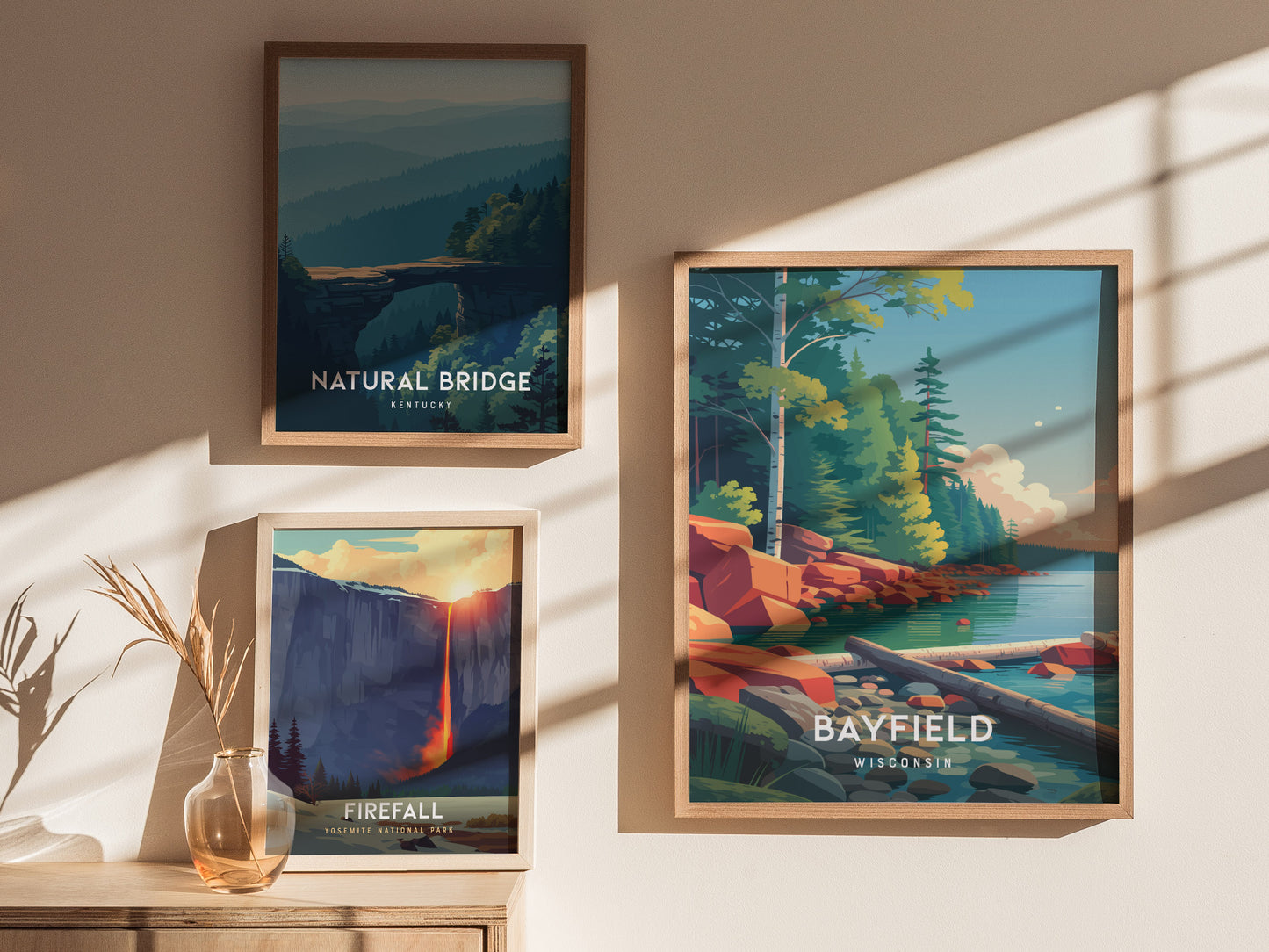 Bayfield, Wisconsin Poster | Lakeside Harbor & Sailboat Travel Wall Art — styled in a modern interior