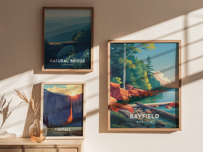 Bayfield, Wisconsin Poster | Lakeside Harbor & Sailboat Travel Wall Art — styled in a modern interior