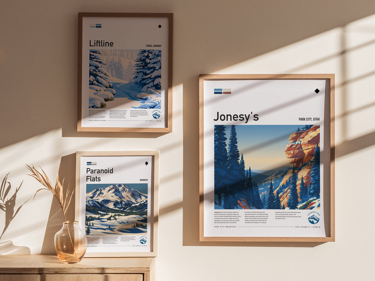 Jonesy's, Park City, Utah Poster | Ski Lodge Decor Mountain Wall Art — styled in a modern interior