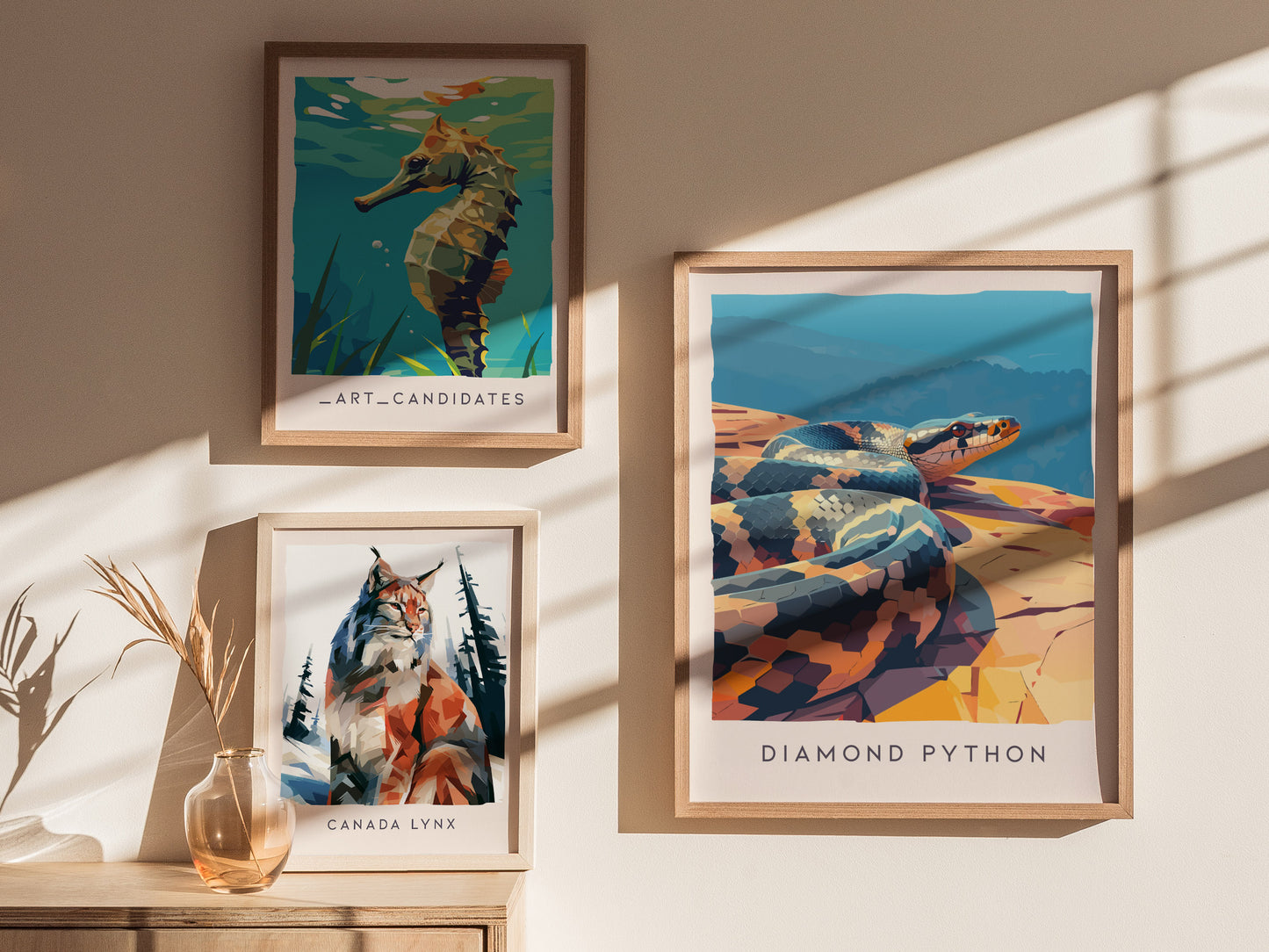 Diamond Python, Australia Poster | Serpent in the Sunlit Canopy Wall Art — styled in a modern interior