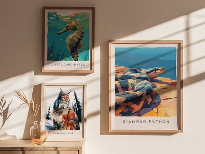 Diamond Python, Australia Poster | Serpent in the Sunlit Canopy Wall Art — styled in a modern interior