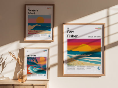 Fort Fisher, Kure Beach, North Carolina Poster | Surf Wall Art & Coastal Waves Print — styled in a modern interior
