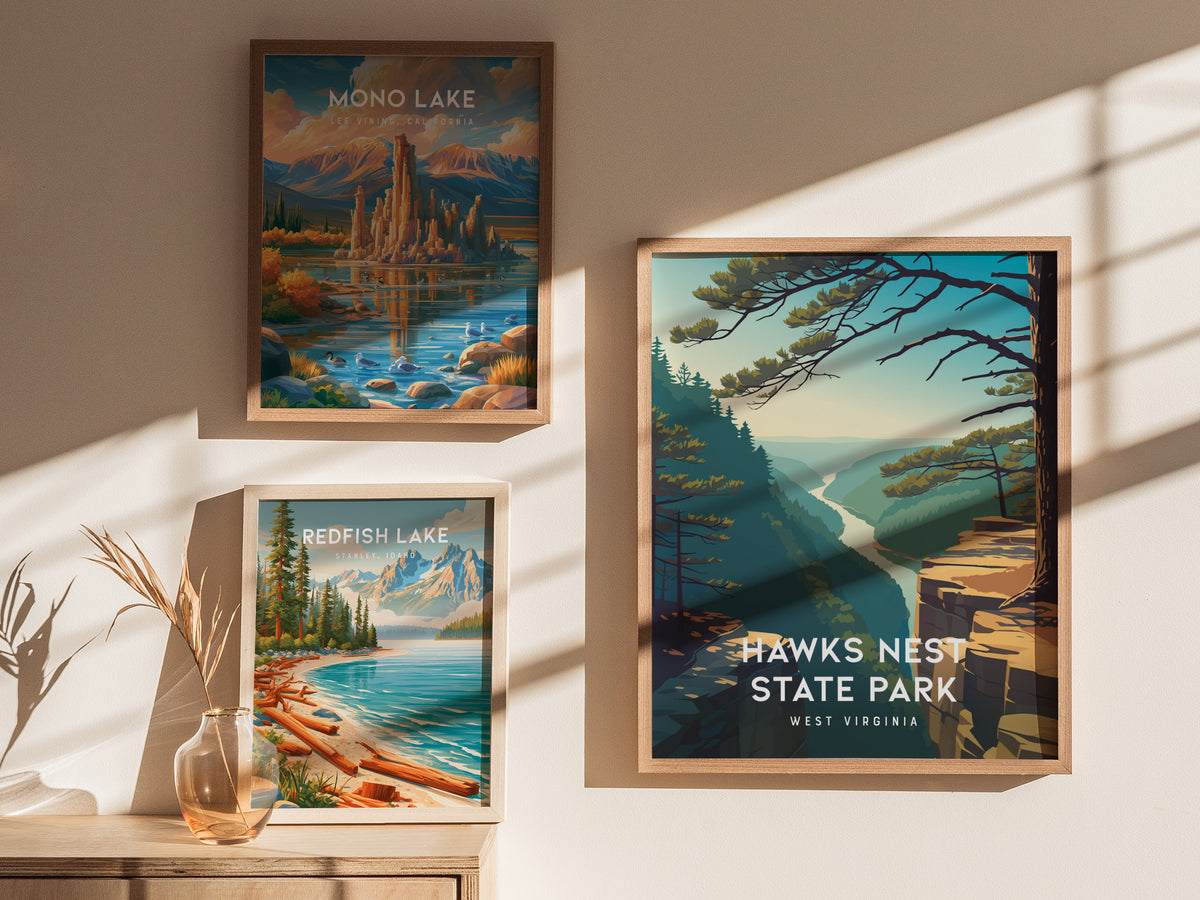 Hawks Nest State Park, West Virginia Poster | New River Gorge Scenic Vacation Wall Art — styled in a modern interior