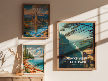 Hawks Nest State Park, West Virginia Poster | New River Gorge Scenic Vacation Wall Art — styled in a modern interior