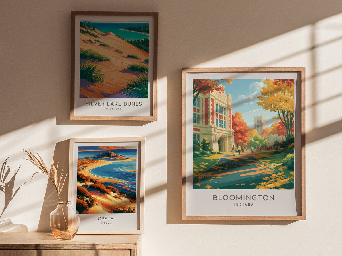 Bloomington Matte Border Poster | Indiana Destination Print Travel Wall Art — styled in a modern interior