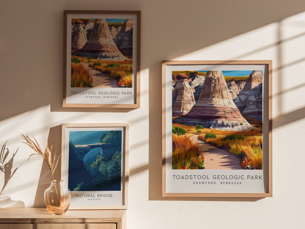 Toadstool Geologic Park Matte Border Poster | Crawford, Nebraska Travel Wall Art — styled in a modern interior