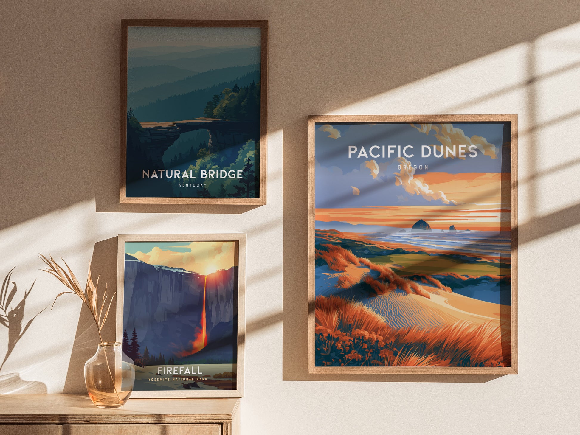 Pacific Dunes, Oregon Poster | Windswept Coast Destination Print Wall Art — styled in a modern interior