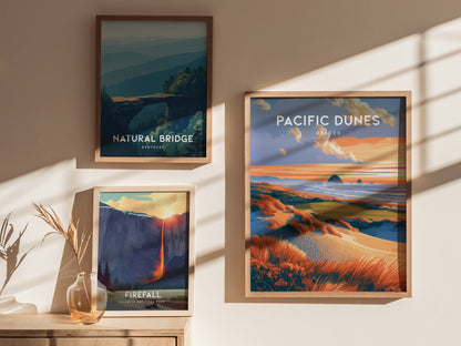 Pacific Dunes, Oregon Poster | Windswept Coast Destination Print Wall Art — styled in a modern interior