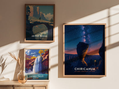 Stylized poster of Chiricahua National Monument at night, featuring a person with a lantern among rocky formations under a starry sky.