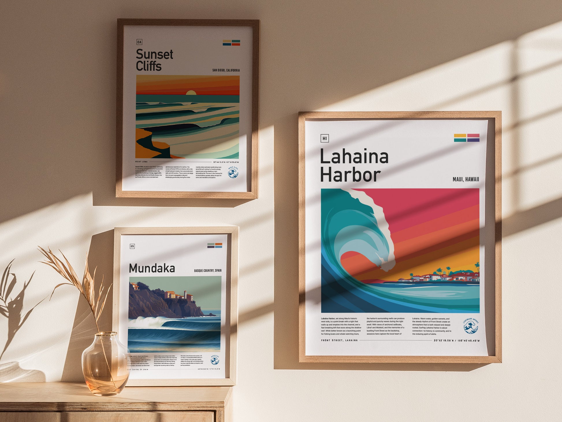 Framed Lahaina Harbor poster features a vibrant wave in bold blues, with a colorful sunset sky and minimalist surf art design.