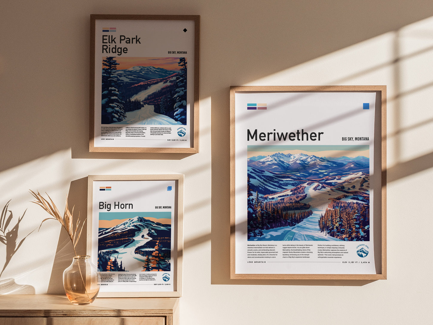 Meriwether Ski Run | Big Sky Resort Montana Intermediate Skiing Slope Framed Poster Skier Snowboarder Mountain Cabin Lodge Art Decor Gift