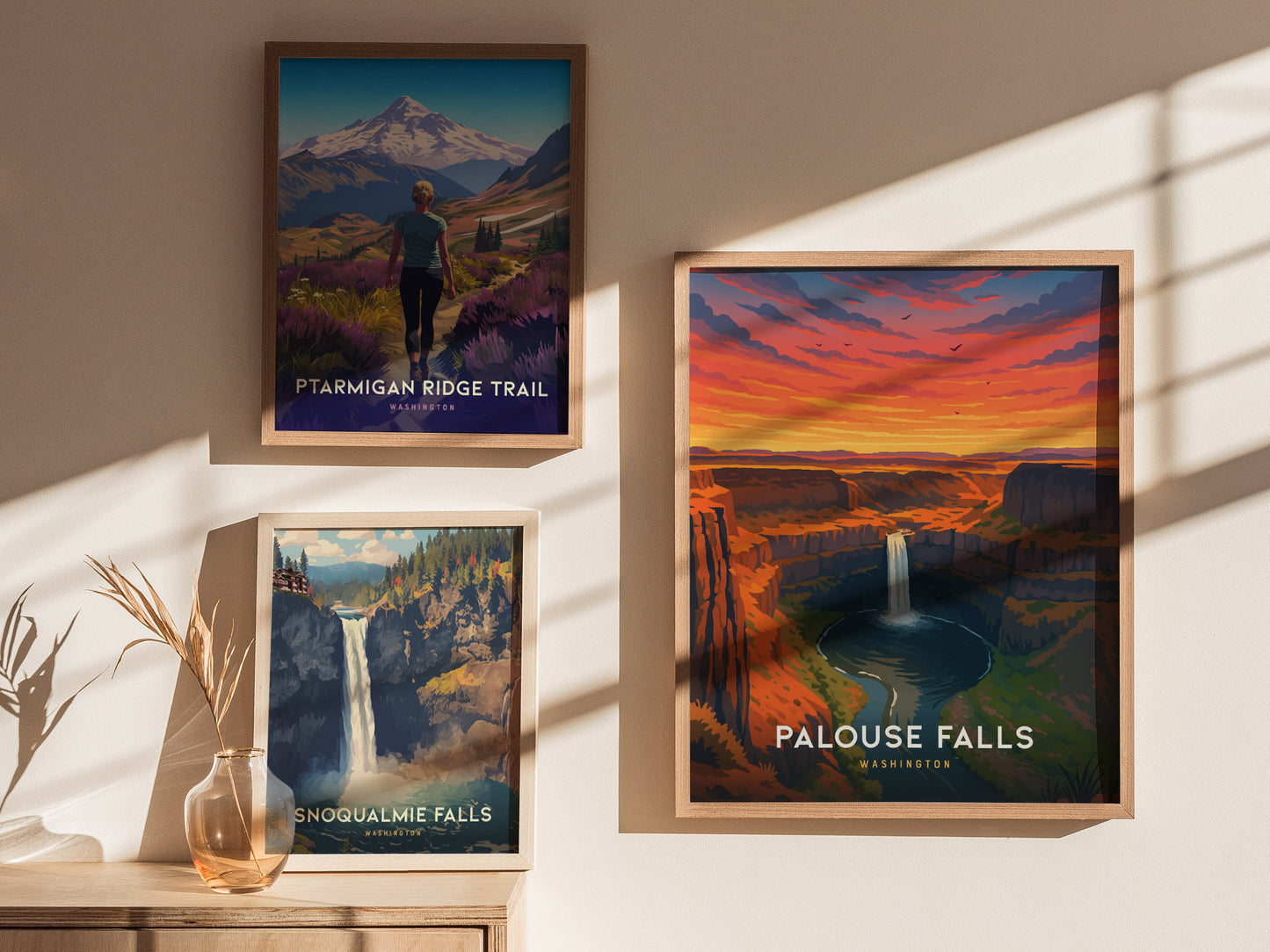 Stylized vintage poster of Palouse Falls in Washington, showcasing vibrant sunset colors and dramatic canyon walls in travel art print.