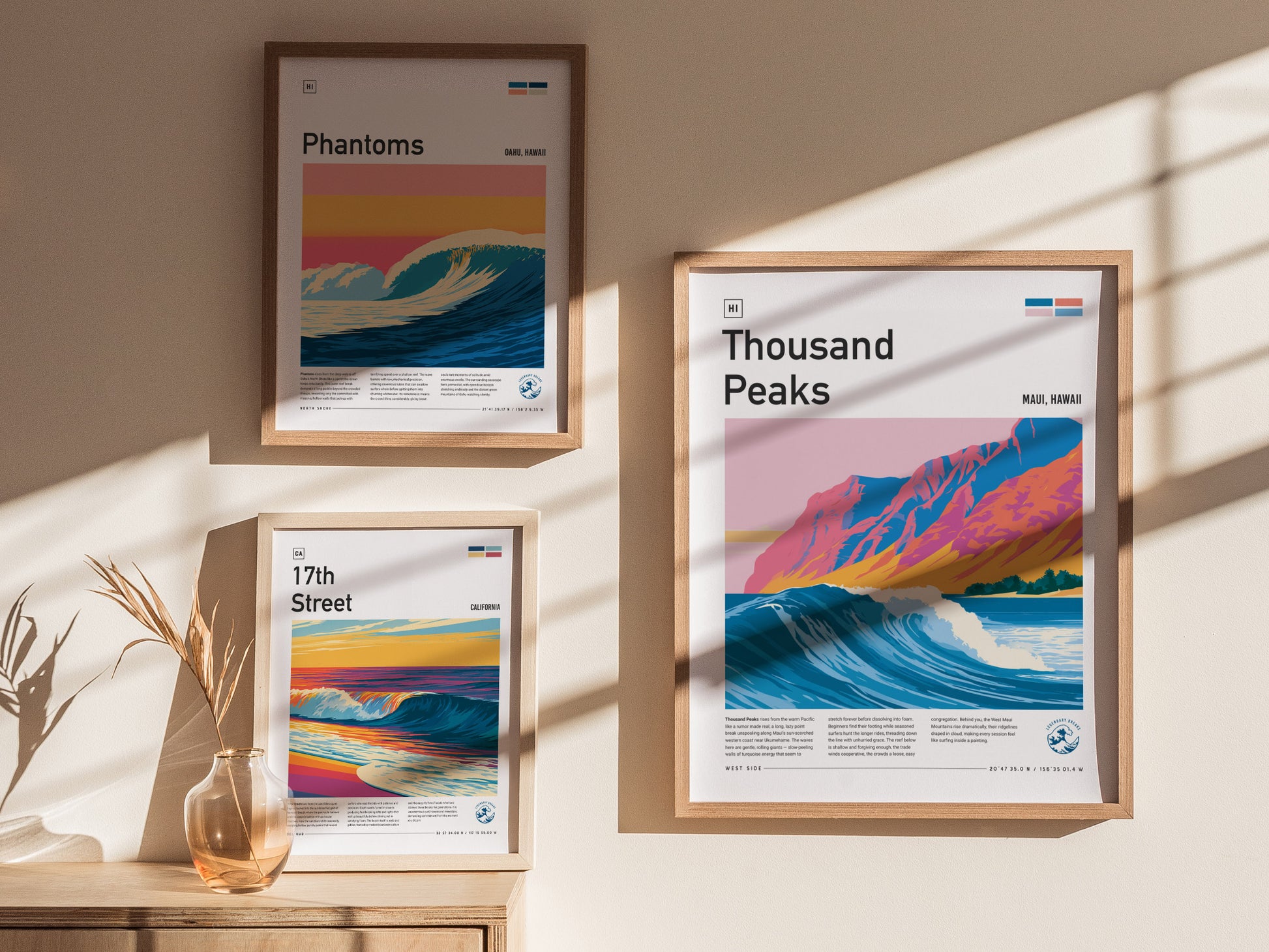 Thousand Peaks, Hawaii Poster | Tropical Surf Break Paradise Wall Art — styled in a modern interior