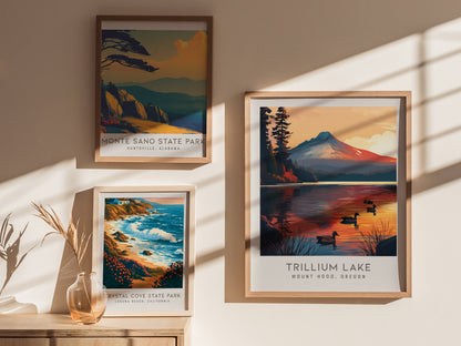Trillium Lake Matte Border Poster | Mount Hood, Oregon Travel Wall Art — styled in a modern interior