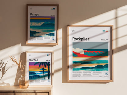Rockpiles, Hawaii Poster | Golden Hour North Shore Surf Wall Art — styled in a modern interior