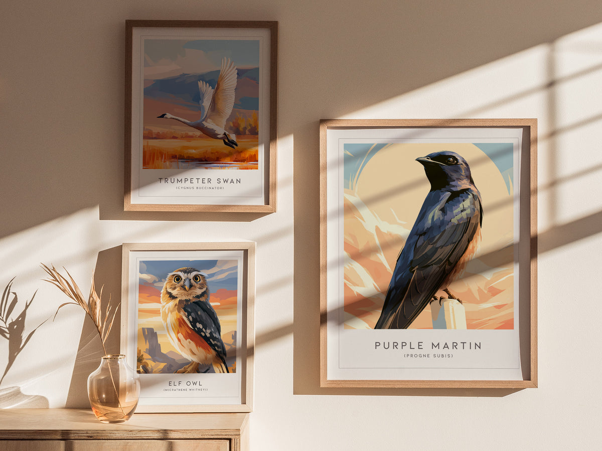 Purple Martin Poster | Graceful Songbird in Golden Light Wall Art — styled in a modern interior