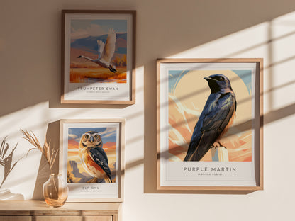 Purple Martin Poster | Graceful Songbird in Golden Light Wall Art — styled in a modern interior